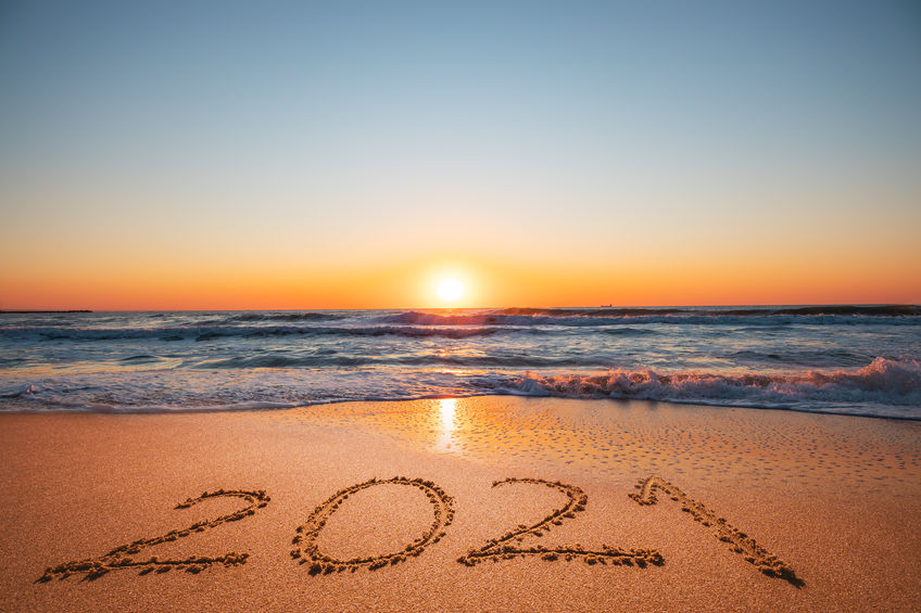 Happy New Year 2021 concept, lettering on the beach. Written tex ...