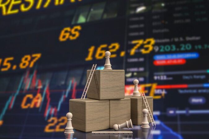 chess pieces, blocks, and stock market data | 2023 stock market