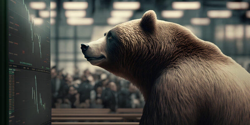 Bear in front of a stock exchange. 3d rendering toned image manage end of a bear market | bear sitting at a trading desk