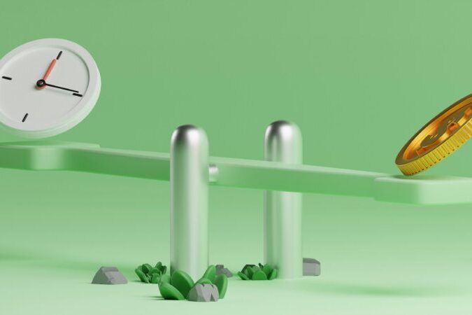 clock and coin balanced on a scale | timing and price