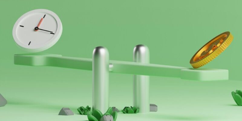 clock and coin balanced on a scale | timing and price